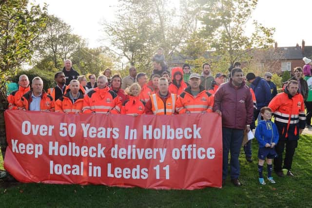 Protestors at Cross Flatts Park hold a demonstration against Royal Mail's proposed closure of the Holbeck Delivery Office.