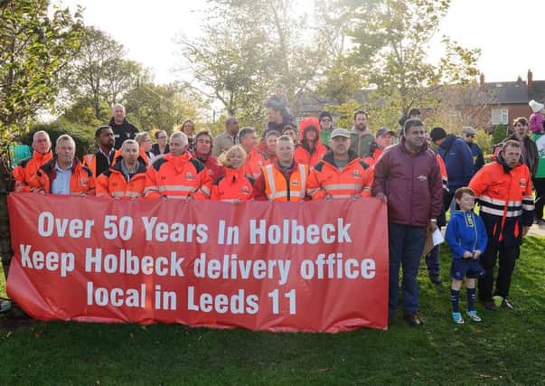Protestors at Cross Flatts Park hold a demonstration against Royal Mail's proposed closure of the Holbeck Delivery Office.