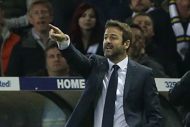 Leeds United manager Thomas Christiansen gestures on the touchline.
