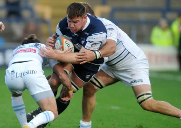 Yorkshire Carnegie's 
Ollie Stedman takes on the Bedford Blues defence. PIC: Steve Riding