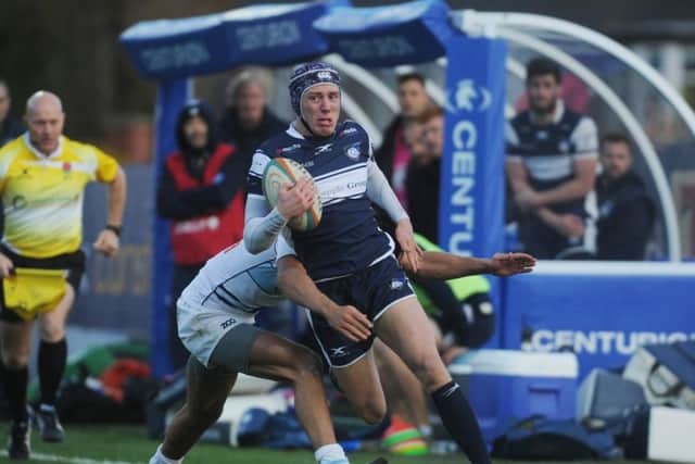 Yorkshire Carnegie's Louis Brown rounds the Bedford Blues cover. PIC: Steve Riding