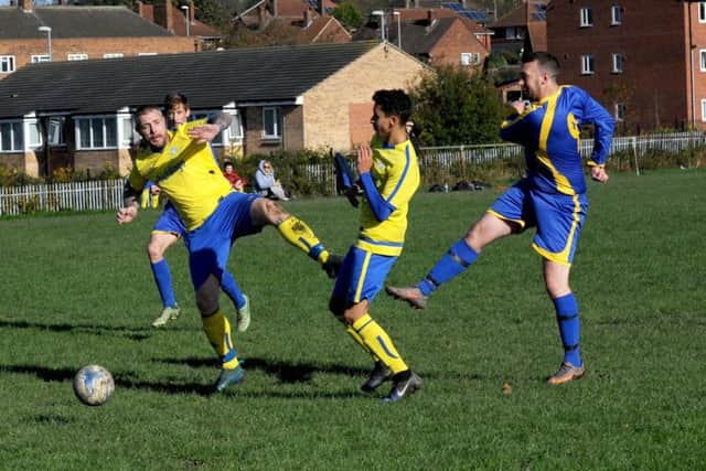 Liam Sandford shoots for South Seacroft who stay top of Division 1 following a 1-1 draw with visitors New Armley Blues. PIC: Steve Riding