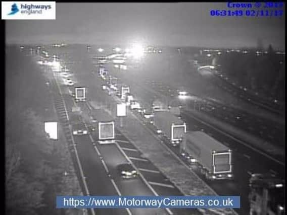 Traffic builds up on the southbound carriageway of the M1 in South Yorkshire this morning. Picture: Highways England.