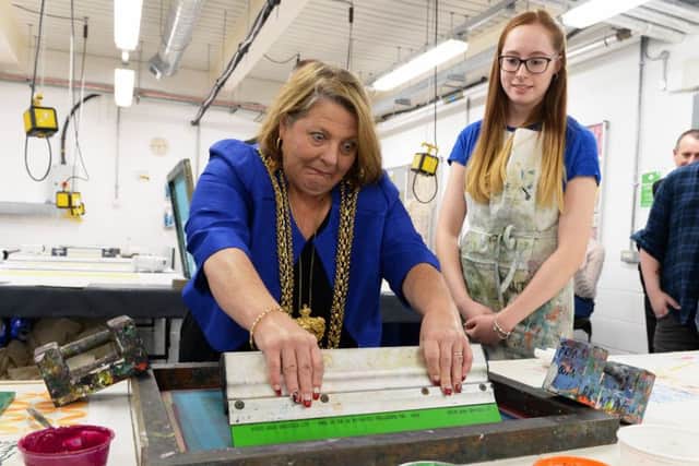 ART ATTACK: Coun Jane Dowson pictured with textiles student Heather Ledbetter-Lyon, 19. PIC: Bruce Rollinson