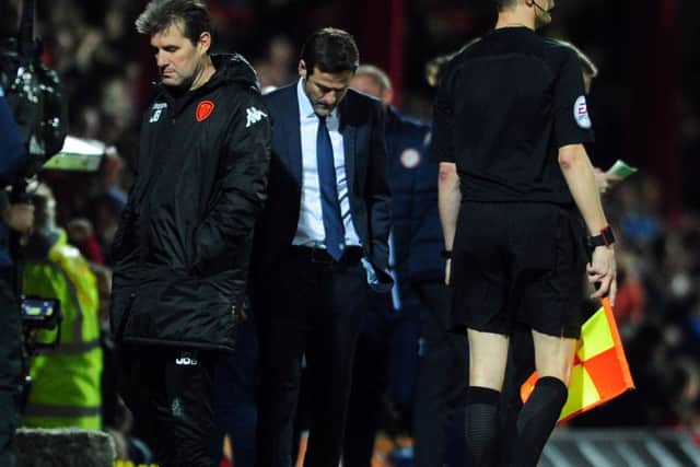 BAD NIGHT: Leeds United boss Thomas Christiansen shows his despair at Griffin park on Saturday evening when his team lost 3-1 to Brentford. Picture: Simon Hulme