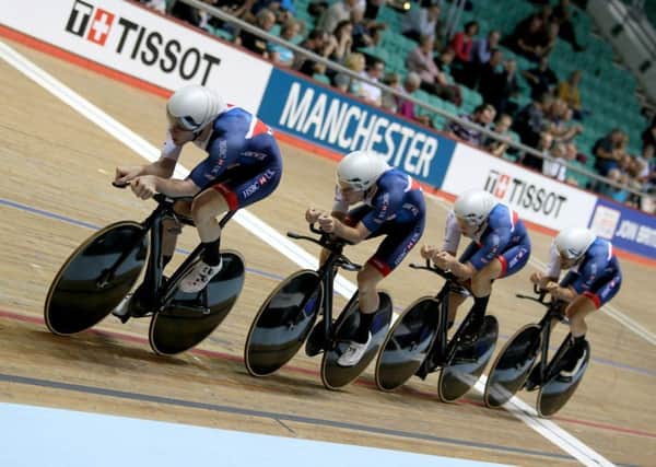 Great Britain team pursuit riders: Ed Clancy, Steven Burke, Oliver Wood and Kian Emadi.