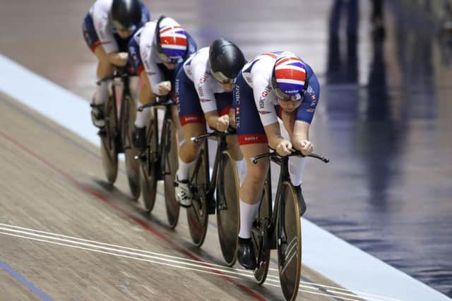 Great Britain's Katie Archibald leads Neah Evans, Emily Nelson and Elinor Barker on their way to winning the Women's Team Pursuit. Picture: Martin Rickett/PA