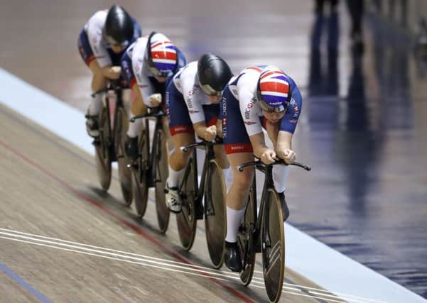 Great Britain's Katie Archibald leads Neah Evans, Emily Nelson and Elinor Barker on their way to winning the Women's Team Pursuit. Picture: Martin Rickett/PA