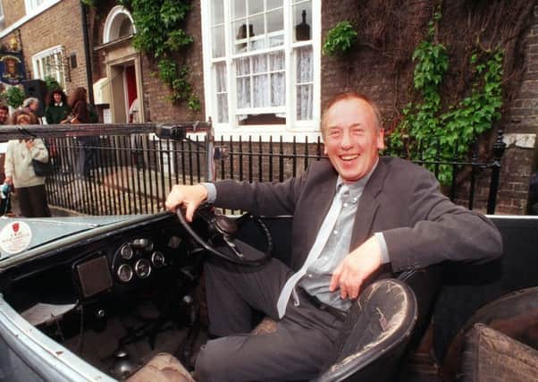 Christopher Timothy arrives at the World of James Herriot in Thirsk in the Austin car