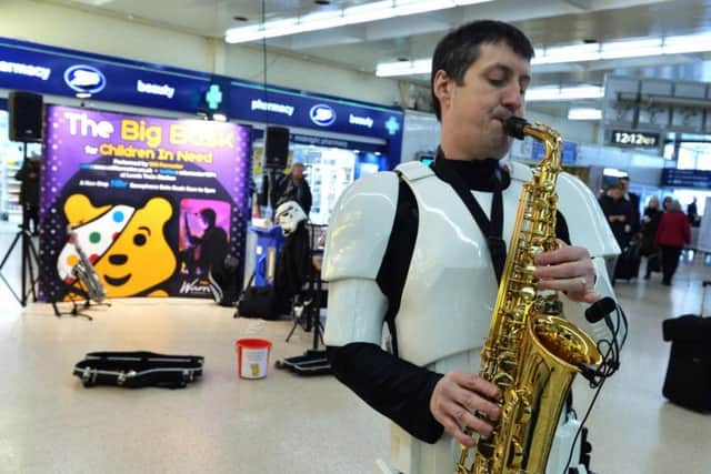 Will Forrester pictured part way through his solo buskathon in aid of Children in Need. Picture: Bruce Rollinson
