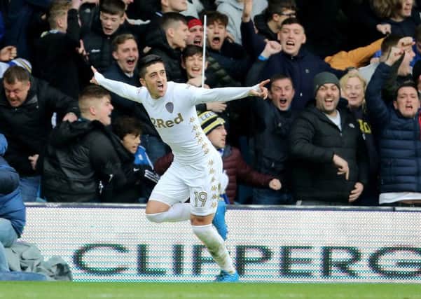 GET IN THERE: Pablo Hernandez celebrates scoring Leeds United's opener in front of an ecstatic South Stand.