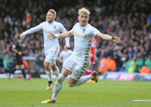Gjanni Alioski celebrates scoring Leeds United's second goal against Middlesbrough.