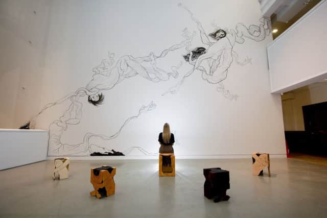 Picture by Charlotte Graham  of a  new drawing for The Tetley's Leeds Beckett Atrium wall by Saelia Aparicio .
Your Consequences Have Actions is Saelia Aparicio's first major exhibition in a public gallery in the UK.