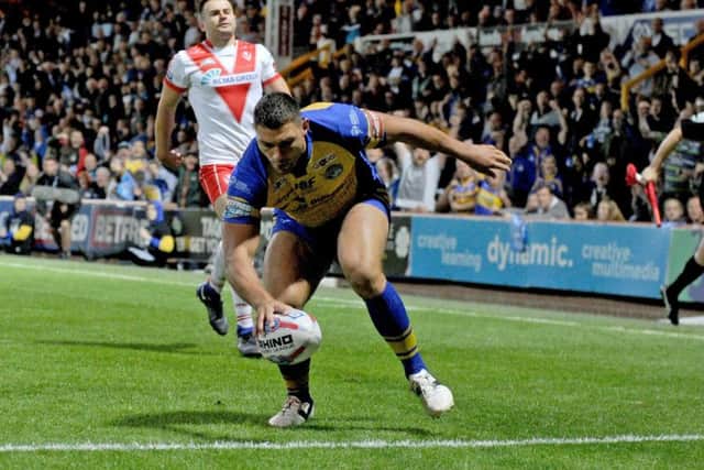 Leeds Rhinos' Ryan Hall scores a try against St Helens. Picture: Steve Riding.