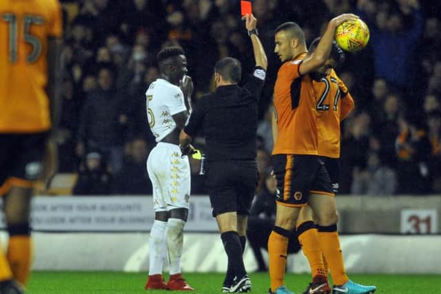 TURNING POINT:  Leeds United's Ronaldo Vieira is shown a red card for a second booking. Picture: Tony Johnson.