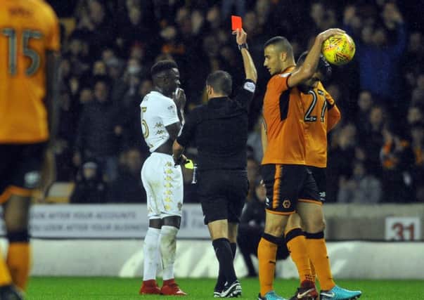 TURNING POINT:  Leeds United's Ronaldo Vieira is shown a red card for a second booking. Picture: Tony Johnson.