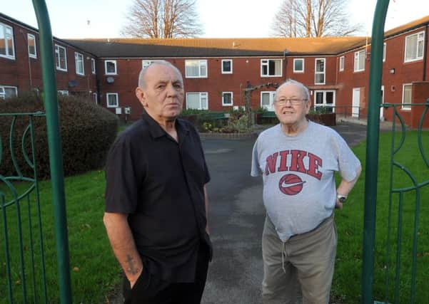 24 November 2017......   Bernard Daley with Daniel Hart, who live at Arthington Court in Hunslet, an elderly person's complex where youths as young as twelve are terrorising and vandalising the roof and throwing slates at cars and buses. Picture Tony Johnson.