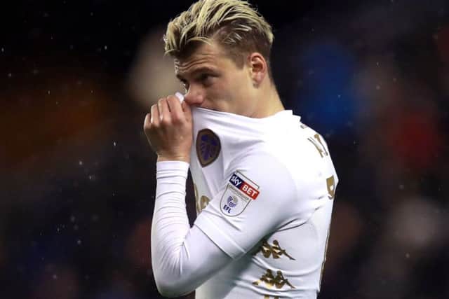 Gjanni Alioski shows his frustration after the defeat at Wolves.