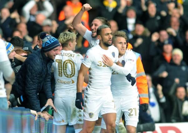 Leeds United's players celebrate Gjanni Alioski's goal against Middlesbrough.
