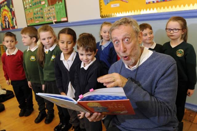Former Childrens laureate Michael Rosen pictured with children at Crossgates Primary School, Leeds..27th November 2017 ..Picture by Simon Hulme