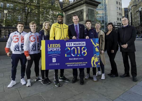 The Leeds Sports Awards are launched for 2018 with Dan Goodfellow, Jack Laugher, Katherine Torrance, Yona Knight-Wisdom, Andrew Cooper (Leeds BID), Anthony Harding, Isobelle Palmer, Jen Mitchell (first direct) & Cllr. James Lewis.