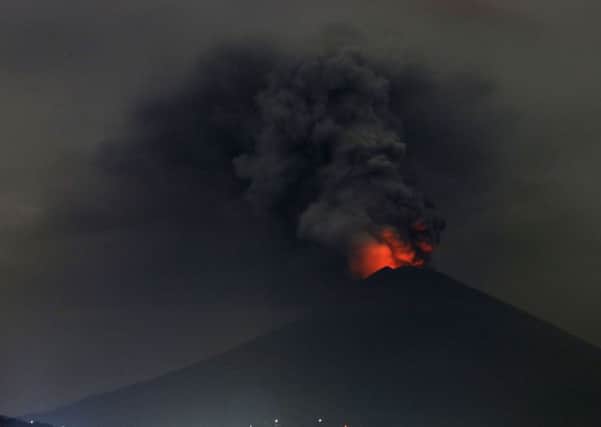 A view of Mount Agung volcano erupting in Karangasem, Bali.