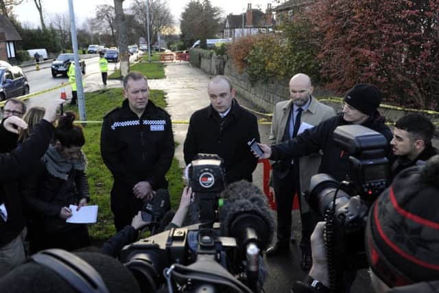 Det Insp Jim Griffiths (right) and Supt Int Matt Davison talks to the media at the scene of a fatal car crash that killed 5, Stonegate Road,Leeds.27th November 2017 ..Picture by Simon Hulme