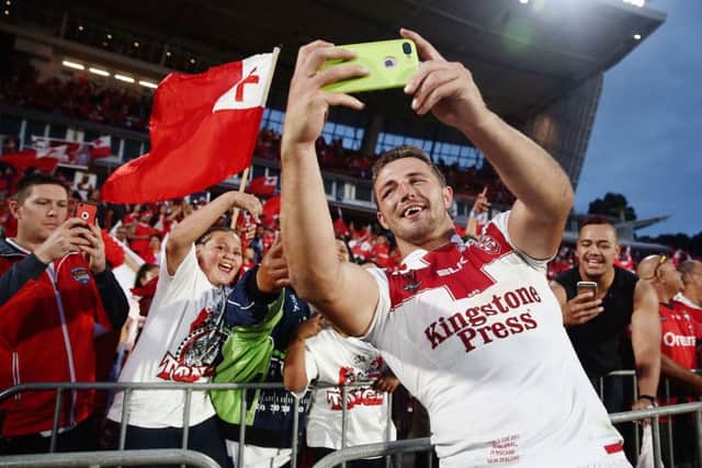 Sam Burgess takes a selfie after the semi-final win over Tonga.