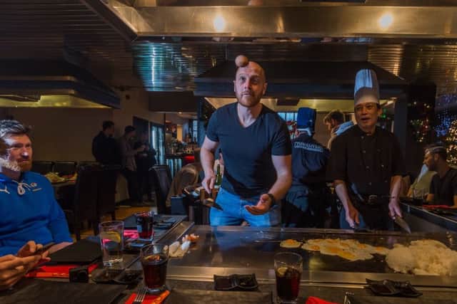 Date: 30th November 2017. Picture Jame Hardisty. Members of YorkshireÃ¢Â¬"s Cricket squad taking part in a team building Japanese cookery exercise against the chefs at a top Leeds restaurant Teppanyaki.