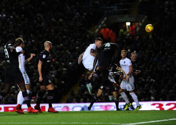 OPENING SALVO: Pontus Jansson scores the opening goal for Leeds United against Aston Villa. Picture: Jonathan Gawthorpe.