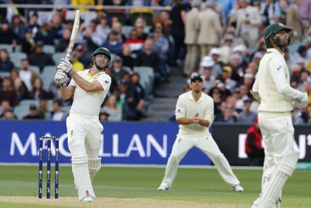TAKE THAT: Australia's Shaun Marsh hits a six during day two of the Ashes Test match at the Adelaide Oval. Picture: Jason O'Brien/PA