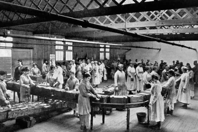 Women working in the shell packing room at Barnbow in Leeds,  during the First World War