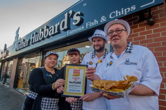THIRD PLACE: Kirsty Rozycki, Lyndsey Eggleston, Louis Kitchen, and Steve Keighley, general manager, outside Mother Hubbards.