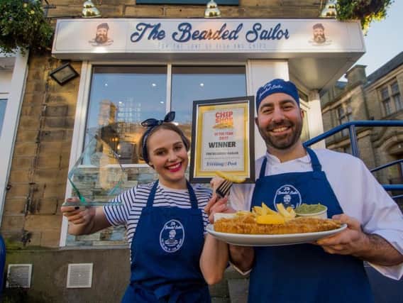 Yorkshire Evening Post Chippy of The year. Pictured Winner of the Yorkshire Evening Post Chippy of The year The Bearded Sailor, Robin Lane, Pudsey (left to right) owners Hannah Hall, 26, and partner Alex Papaioannou, 34.
Picture: James Hardisty