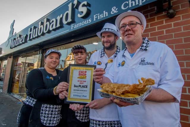 Yorkshire Evening Post Chippy of The year. Pictured 3rd Place, Mother Hubbard's, Harehills Road, Harehills, Leeds, (left to right) Kirsty Rozycki, Lyndsey Eggleston, Louis Kitchen, and Steve Keighley, (General Manager).
Picture: James Hardisty