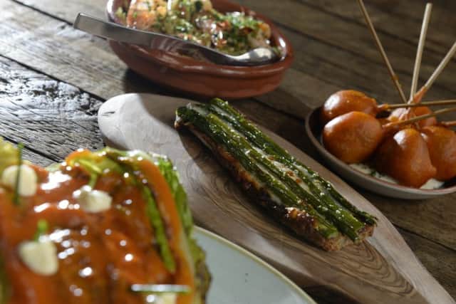 asparagus toast
grilled cos lettuce salad
chorizo lollipops
Fideua with garlic and prawns
Iberica, Leeds.  19 May 2016.  Picture Bruce Rollinson