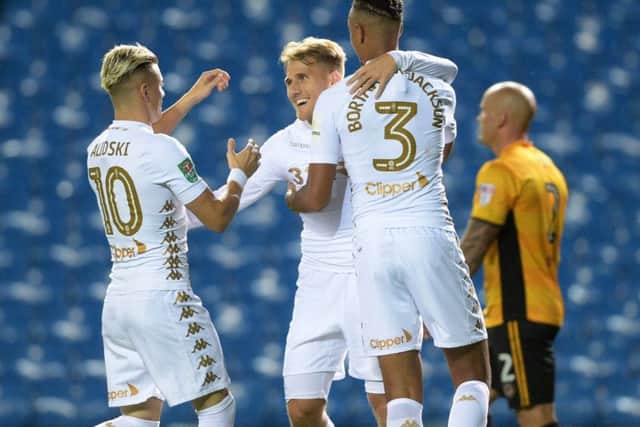 Samuel Saiz celebrates scoring Leeds United's third goal against Newport County in the Carabao Cup second round in August.