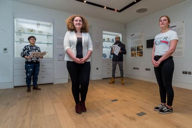 Date: 5th December 2017.
Picture James Hardisty.
MA Art Gallery and Museum Studies students from Leeds University have created an exhibition of Yorkshire pottery within The Stanley and Audrey Burton Galley inside the Parkinson Building at Leeds University. Pictured Hanyi Jin, Beth Arscott, Amarjit Singh, and Kate Stevens,
MA Art Gallery and Museum Studies student, within the exhibtion space.