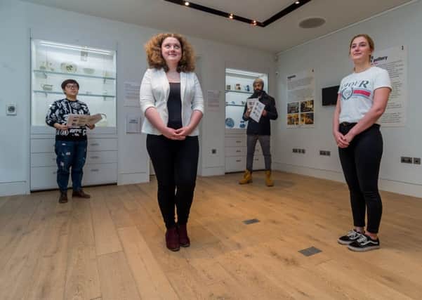 Date: 5th December 2017.
Picture James Hardisty.
MA Art Gallery and Museum Studies students from Leeds University have created an exhibition of Yorkshire pottery within The Stanley and Audrey Burton Galley inside the Parkinson Building at Leeds University. Pictured Hanyi Jin, Beth Arscott, Amarjit Singh, and Kate Stevens, 
MA Art Gallery and Museum Studies student, within the exhibtion space.