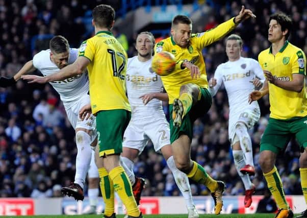 WINNING GOAL: Pontus Jansson's header gives Leeds United a 1-0 victory against Norwich City. Picture by Simon Hulme.
