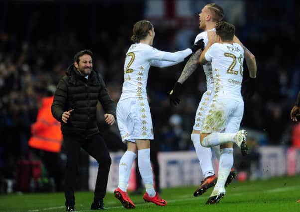 SUPER SWEDES: Pontus Jansson celebrates his winning goal with fellow native countryman Pawel Cibicki, left, and Gaetano Berardi as delighted head coach Thomas Christiansen looks on. Picture by Simon Hulme.