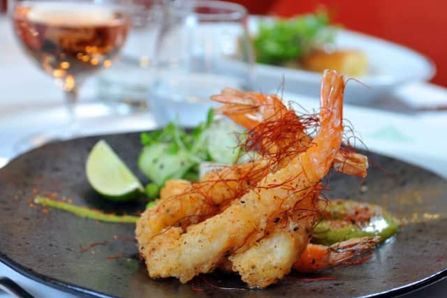 Crunchy fried prawns with green papaya, cucumber, edamame and a matcha tea sauce. PIC: Tony Johnson