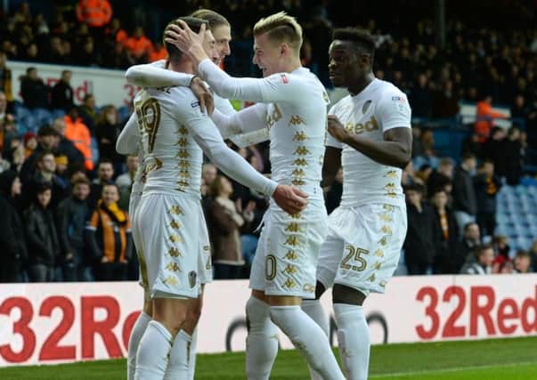 BRILLIANT: Leeds United's Pablo Hernandez celebrates scoring the only goal of the game against Hull City with Pawel Cibicki, Gjanni Alioski and Ronaldo Vieira. Picture by Bruce Rollinson.