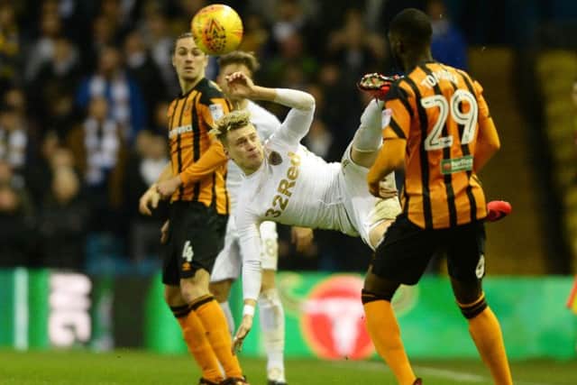 An acrobatic Ezgjan Alioski keeps the ball in play.
 (Picture: Bruce Rollinson)