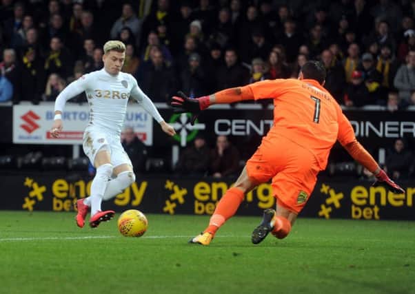 CLOSE CALL: Leeds United's Ezgjan Alioski has his shot saved by Brewers keeper Stephen Bywater. Picture: Tony Johnson.