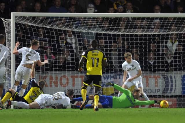 LONG ARM: Leeds United's goalkeeper Felix Wiedwald makes a fingertip save in a last minute against Burton Albion.  Picture: Tony Johnson.