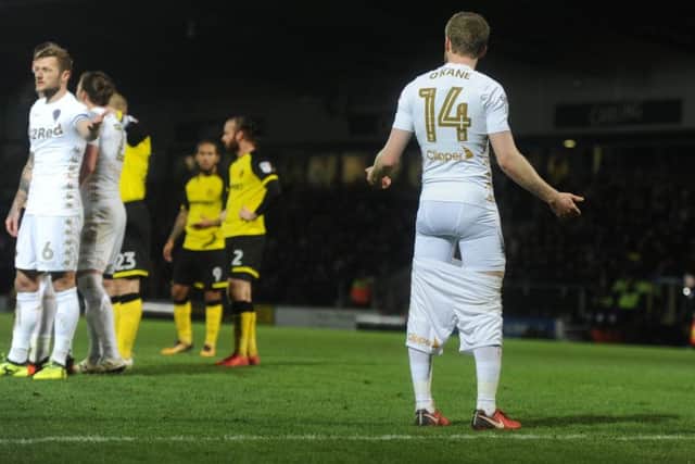 Eunan O'Kane shows his bewilderment after his shorts pulled down by Burton's Stephen Bywater.