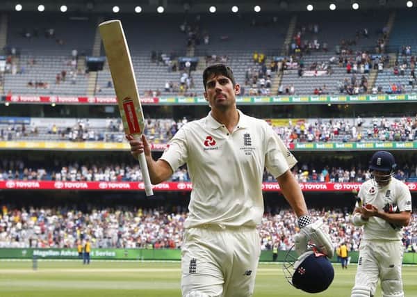 Unbeaten: England's Alastair Cook walks off undefeated at the end of play after making a double century at the Melbourne Circket Ground. Picture: Jason O'Brien/PA