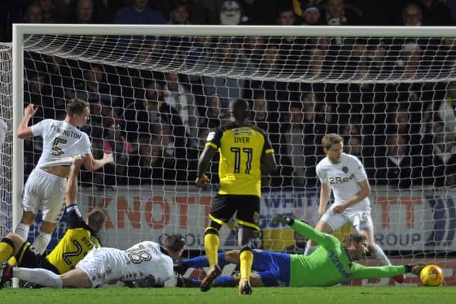 DESPERATE TIMES: Leeds goalkeeper Felix Wiedwald found himself at full stretch in a last-minute, goalmouth scramble at Burton.  Picture: Tony Johnson.