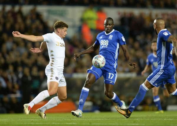 WE MEET AGAIN: Kalvin Phillips battles with Birmingham's Cheikh Ndoye and Emilio Nsue at Elland Road earlier this season.  Picture: Bruce Rollinson